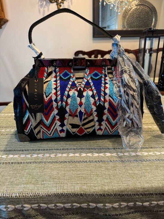 Sharif Handbags - Sharif 1827 Couture Limited Ed Geometric Hand-Beaded Mixed Media Tote Bag NWT